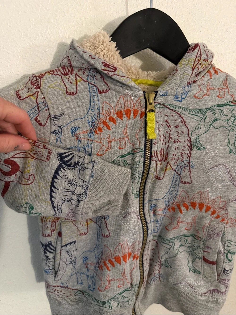 Mini Boden Kids’ Gray Dinosaur Print Zip-Up Sherpa-Lined Hoodie Size 2-3Y